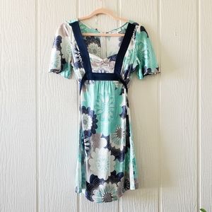 Guess Silk Kimono Style Mini Retro Floral Tie Back Short Sleeve Blue Sma…